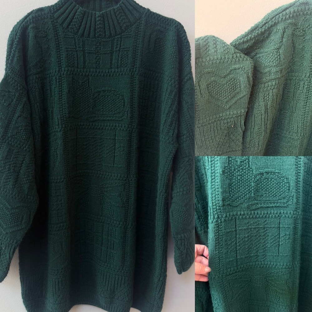 Vintage Womens Whimsical Knit Sweater Cats Hearts‎ Bows Cottagecore Green Size L